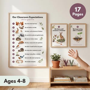 Puede incluir: Un póster educativo grande titulado Our Classroom Expectations con once reglas numeradas ilustradas con animales y plantas del bosque, acompañado de dos impresiones más pequeñas a juego con reglas específicas y motivos naturales.