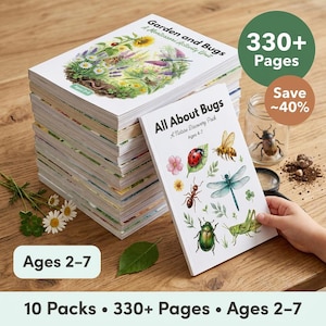 Może przedstawiać: Stos edukacyjnych książek z ćwiczeniami zatytułowanych Garden and Bugs oraz All About Bugs, zawierających kolorowe ilustracje owadów i przyrody. Zestaw zawiera ponad 330 stron dla dzieci w wieku 2-7 lat, ze szklanym słoikiem i lupą.