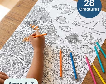 Giant Coral Reef Colouring Poster | Ocean Sea Life for Kids | Ages 4-7 | Clownfish Turtle Whale | Screen Free Art | Printable PDF