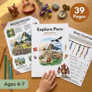 Puede incluir: Libro de actividades educativas titulado "Explore Peru South America" con ilustraciones de Machu Picchu, llamas y un cóndor. Incluye páginas para niños de 4 a 7 años, con el texto "39 Pages". También incluye lápices, una brújula y una pulsera.
