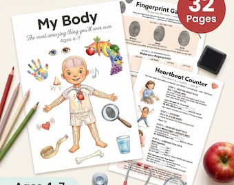 My Body Worksheets for Kids | Body Parts Senses Skeleton | Ages 4-7 | Healthy Habits Heart Brain | Science Activities | Printable PDF