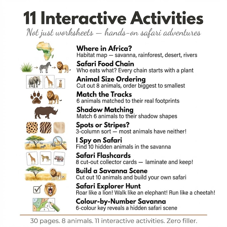 May include: A white background features the title "11 Interactive Activities" with safari-themed illustrations. The image lists various activities, including a habitat map, food chain, animal size ordering, and matching games. The text also mentions 30 pages, 8 animals, and 11 activities.