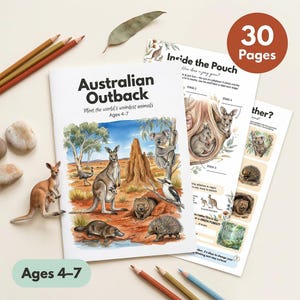 May include: A children's book titled "Australian Outback" with illustrations of Australian animals, including kangaroos and koalas. The book is accompanied by additional pages and colored pencils. The cover reads "Ages 4-7" and the circular label says "30 Pages".