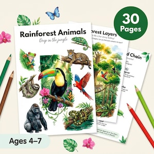 Puede incluir: Tres páginas de actividades educativas con ilustraciones de animales de la selva tropical, como un tucán y un jaguar. Las páginas están acompañadas de lápices de colores verdes y rojos. El texto incluye "Rainforest Animals Deep in the Jungle" y "Ages 4-7". Un círculo verde dice "30 Pages".