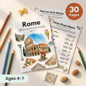 Puede incluir: Libro de actividades educativas para niños de 4 a 7 años, con el tema de Roma. La portada muestra el Coliseo, pizza y un helado. El libro incluye páginas sobre formas de pasta y cómo funcionan los arcos. Lápices de colores y pasta esparcidos.