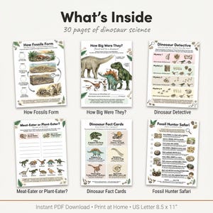 May include: A collection of 30 pages of dinosaur science educational worksheets. The pages feature titles such as How Fossils Form, How Big Were They, Dinosaur Detective, Meat-Eater or Plant-Eater, Dinosaur Fact Cards, and Fossil Hunter Safari.