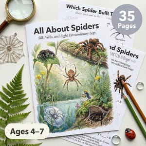 May include: A children's book titled "All About Spiders" with illustrations of spiders, webs, and plants. The book has 35 pages and is for ages 4-7. Additional pages show spider facts and activities. Pencils and a magnifying glass are also visible.