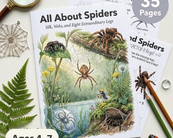 Spider Worksheets for Kids | All About Spiders | Ages 4-7 | Web Building Anatomy | Tarantula Garden Spider | Printable PDF