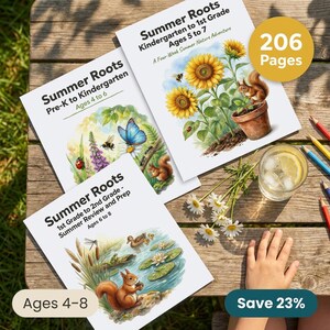 May include: Three educational workbooks titled Summer Roots with watercolor illustrations of nature scenes including sunflowers, squirrels, butterflies, and pond life. The covers feature age ranges from Pre-K to 2nd grade and a 206 pages badge.