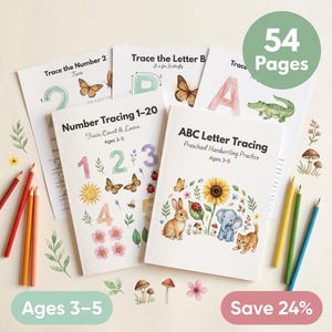 Puede incluir: Cuadernos educativos para niños de 3 a 5 años, con trazado de números y letras. Las portadas muestran ilustraciones coloridas de mariposas, flores y animales. Incluye 54 páginas de práctica de escritura preescolar. Lápices de colores.