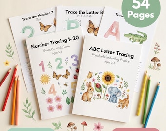 Paquete completo de trazo / Letras ABC + Números 1-20 / Edades 3-5 / 54 páginas / PDF imprimible / Preescolar