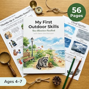 以下が含まれることがあります： 「My First Outdoor Skills」というタイトルの子供向けアクティビティブック。アライグマのイラストが特徴です。雲の観察や安全に関するヒントが掲載されています。表紙にはアライグマ、公園のベンチ、ビーチのシーンが描かれています。対象年齢は4～7歳で、56ページです。