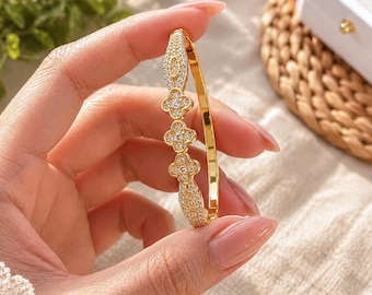 Gold Plated Clover Bangle Bracelet with Zirconia – Elegant Boho Chic Jewelry