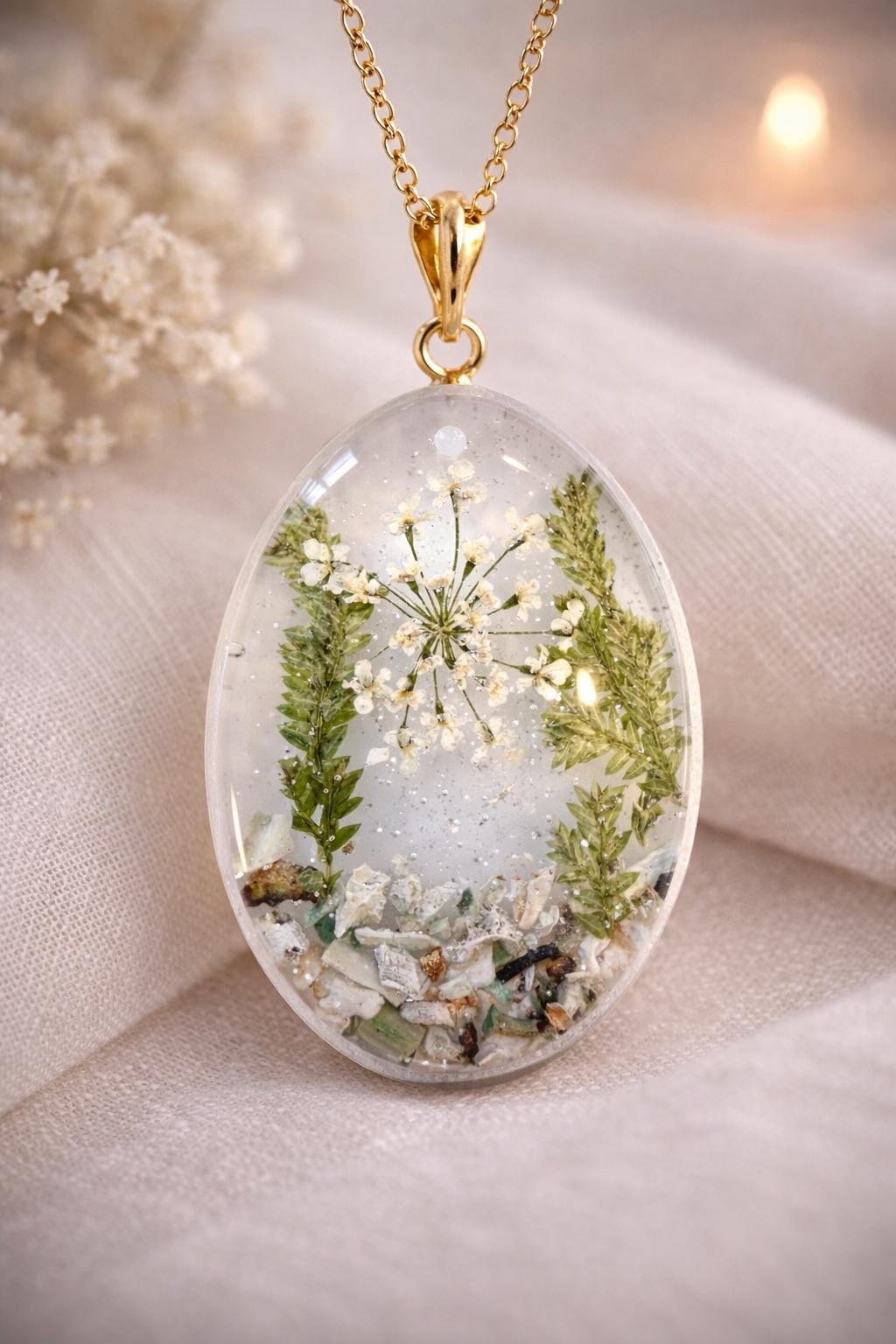 Memorial Ashes Oval Resin Pendant - Real Flower Keepsake Jewelry