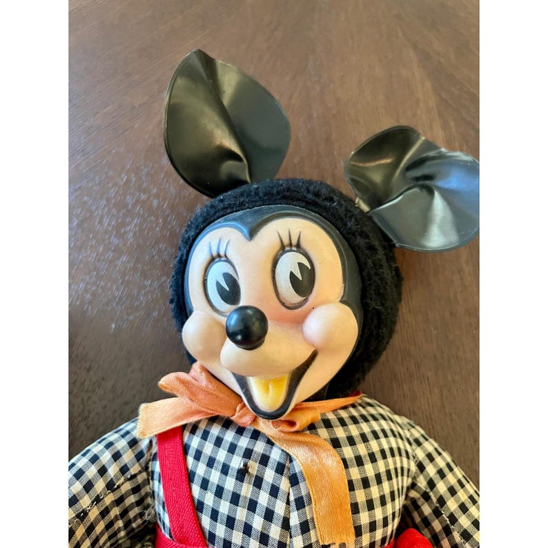 Vintage 1960s Disney Gund Swedlin Minnie Mouse Rubber Face Plush Doll Gingham image 2