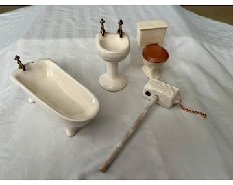 Vintage Miniature Ceramic Bathroom Set 4pc Dollhouse Bathtub Sink Toilet Taiwan