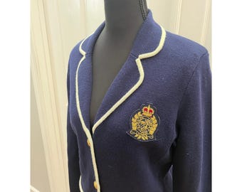 Blazer en maille Lauren Ralph Lauren pour femme, taille M, bleu marine, en laine mérinos de qualité supérieure, à écusson.