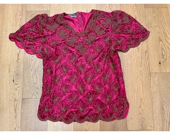 VTG New Trends Beaded Evening Top XL Burgundy Red Silk Rayon Floral Scalloped