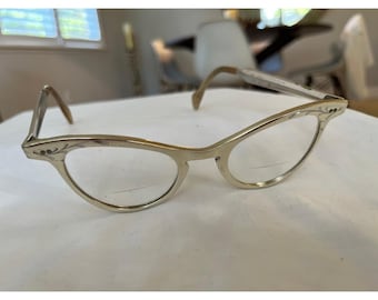 Shuron Vintage Cat Eye Glasses Frames Silver Gold Aluminum 48-22 4-5-1/4 1950s