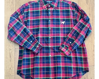 Ralph Lauren Blake Herren XL Kariertes Button Down Shirt Golden Retriever Hund Logo Rot