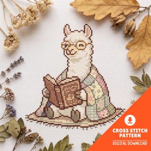 Llama Reading Book Cross Stitch Pattern PDF, Cozy Animal Embroidery Chart, Nursery Decor