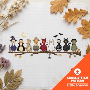Halloweengås korsstygnsmönster PDF, Kawaii kostymkollektion, höstdekorationer