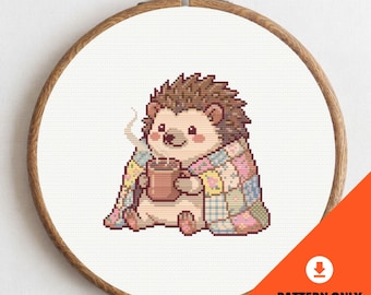 Hedgehog Hot Chocolate Cross Stitch Pattern PDF, Embroidery Cottagecore Animal, Beginner Friendly (Digital Download)