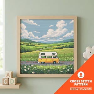Korsstygnsmönster för husbil, retro roadtrip-landskap PDF, molnig blå himmel