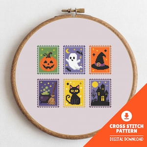 May include: A cross-stitch pattern featuring six Halloween-themed designs: a jack-o'-lantern, ghost, witch's hat, cauldron, black cat, and haunted house. The designs are framed in a wooden embroidery hoop. The text "CROSS STITCH PATTERN DIGITAL DOWNLOAD" is visible.