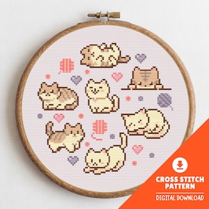 Patrón de punto de cruz de gato kawaii en PDF, paquete de diseño de la colección Kitty, muestrario de gato en tonos pastel