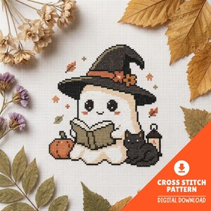 Kawaii Spöke Halloween Korsstygnsmönster PDF, Överkast Spöke Broderidiagram, Häxdekor