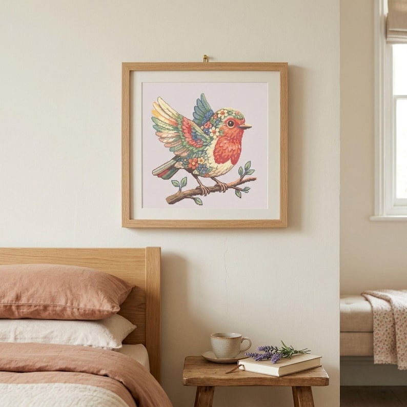 Floral Robin Cross Stitch Pattern, Songbird PDF, Botanical Bird ...