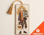 Book lover bookmark cross stitch pattern, reading girl PDF download