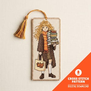 May include: Cross-stitch bookmark featuring a girl carrying books and a tote bag. The design includes a brown coat, orange scarf, and a tassel. The bookmark has a stitched border and the words "Cross Stitch Pattern Digital Download".