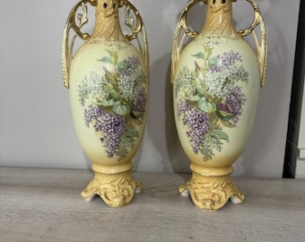 Pair Antique Royal Wettina Germany Porcelain Vases 17.5” Hand Painted Lilac