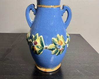 Vintage Delmar Japan Blå Konst Keramikvas Upphöjd Blommig Dubbelhandtag