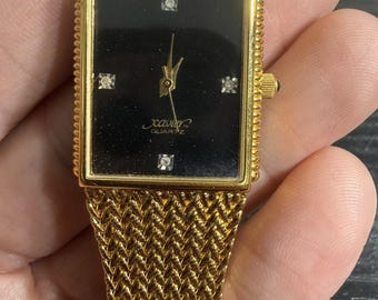 Vintage Beautiful Men Xavier Quartz Diamond Black Dial Gold Tone Watch Works