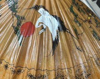 Vintage Japanse paraplu, parasol uit de jaren 50 gemaakt van bamboe, rijstpapier en kunstwerken