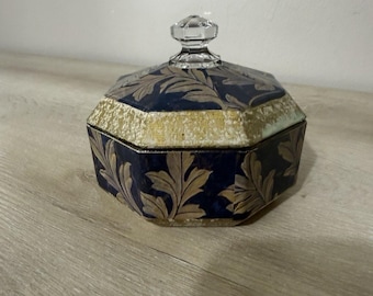 Vintage Gold Blue Florentine Style Trinket Box Jewelry Box