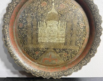 Vintage mässing Taj Mahal Indien dekorativ konst prydnadsfat fat – 23 cm