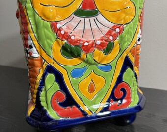 Maceta mexicana Talavera pintada a mano con base, 24 cm (9.5 pulgadas), colorida.