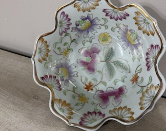 Plato decorativo de porcelana china vintage con motivos florales, pintado a mano y dorado, 25,4 cm (10 pulgadas)