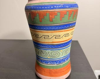 Jarrón de cerámica mexicana vintage pintado a mano con diseño azteca del suroeste, 23 cm (9 pulgadas)