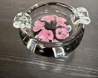 Vintage Murano Style Art Glass Ashtray Pink Flower Controlled Bubble Heavy
