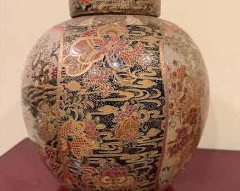Tarro grande japonés estilo Satsuma con tapa, 30 cm, dorado, con pájaros y decoración floral.