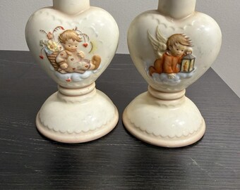 Coppia di portacandele a forma di cuore in porcellana Goebel Germany, modello 3014, 15 cm (6 pollici).