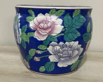 Vintage Chinese Porcelain Planter Blue Floral Peony Cache Pot 8.5”
