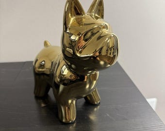 20 cm hög guldfärgad keramikstatyett av fransk bulldogg