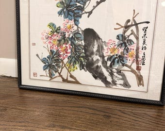Vintage Chinese Ink Brush Painting Floral Blossom Original Signed Seals