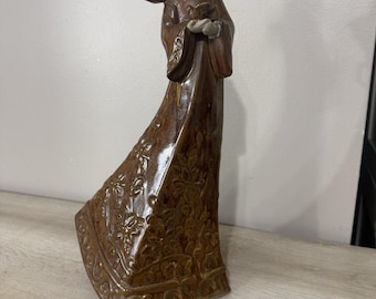 Vintage 16” Ceramic Lady Figurine Brown Glaze Mid Century